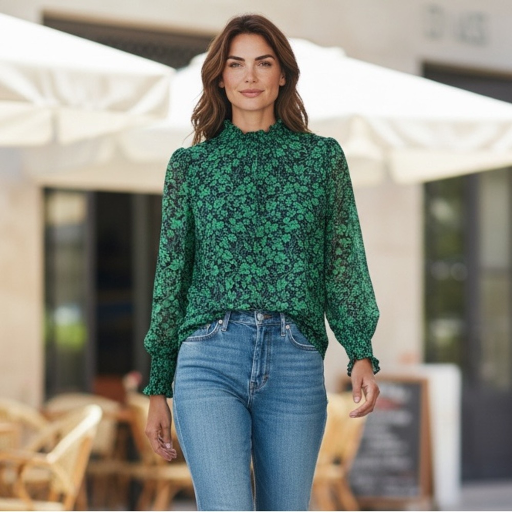 Skies Are Blue Green Floral Blouse